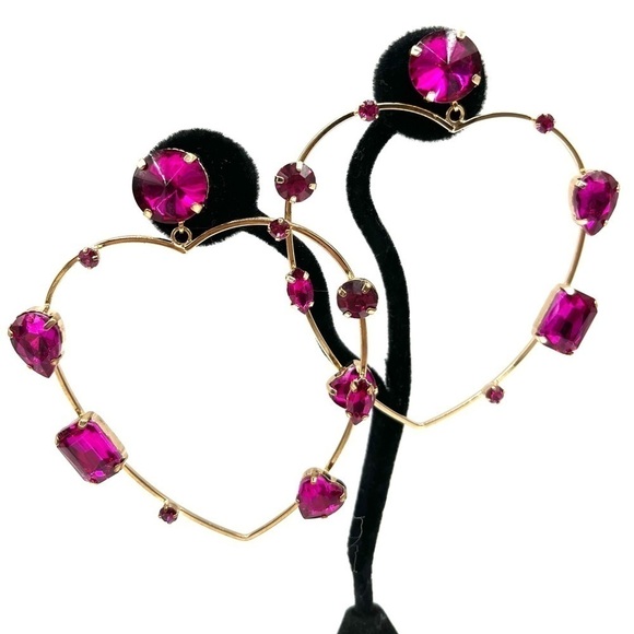 Heart-shaped Earrings Large with Pink Assorted Rhinestones Rose Gold Tone Barbie - Picture 4 of 13